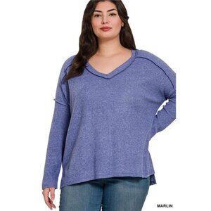 Zenana Full Size Brushed Ribbed Hacci Drop Shoulder V-Neck Sweater
